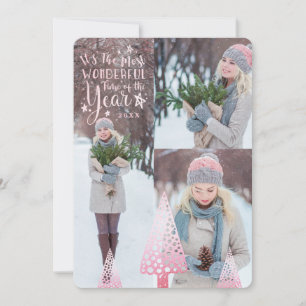 Chic Pretty Pink Glitter Pine Tree Multiple Photo Holiday Card