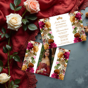 Chic Princess Tiara Floral Garland Quinceañera Invitation