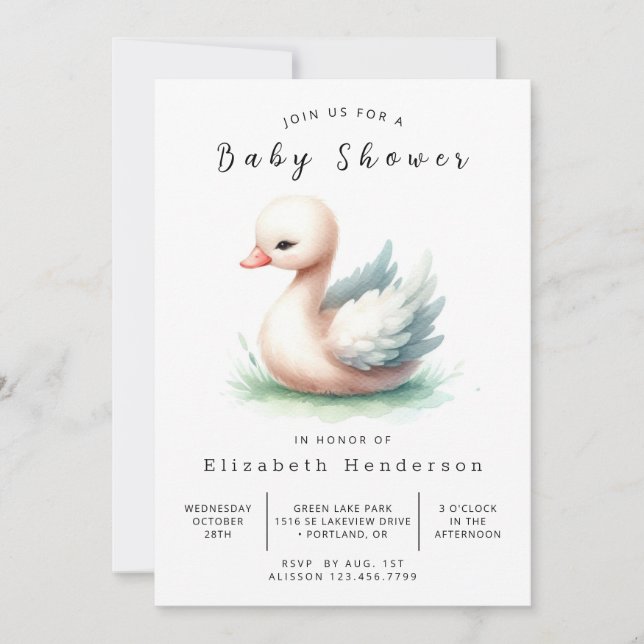 Chic Printable Swan Baby Shower Invitation (Front)