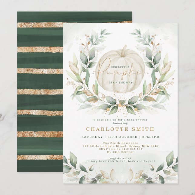 Chic Pumpkin Greenery Gold Fall Wreath Baby Shower Invitation (Front/Back)