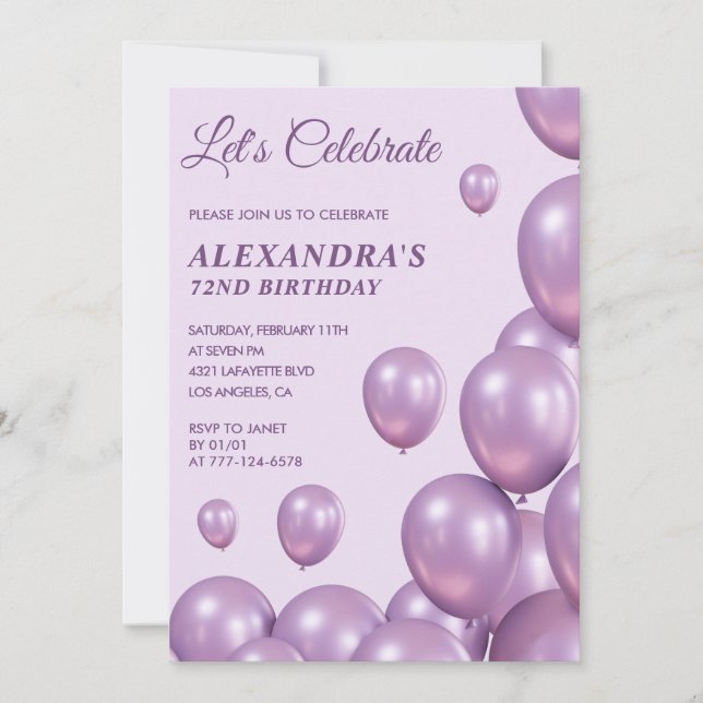 Chic Purple 72nd birthday invitations Balloons (Front)