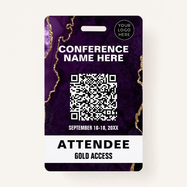 Chic Purple Agate Gold Glitter Conference Event Badge (Front)