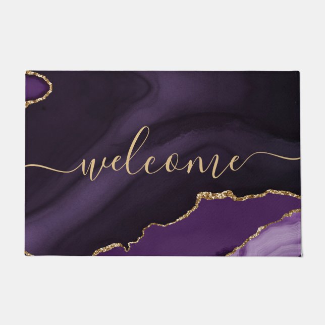 Chic Purple Agate Gold Glitter Script Welcome Doormat (Front)