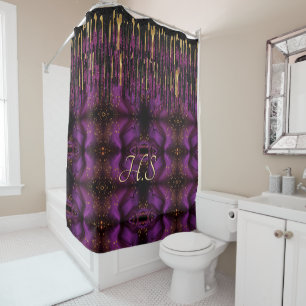 Chic purple and gold agate glitter drips monogram