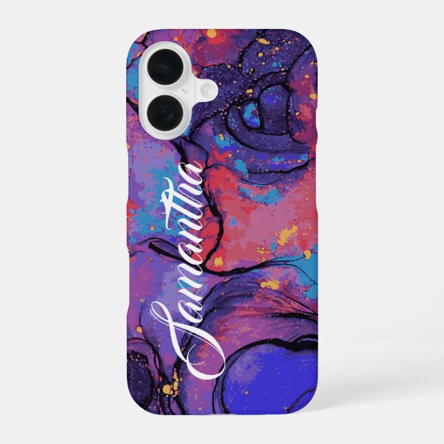 Chic Purple and Pink Marble Personalized Name iPhone 16 Case (Back)