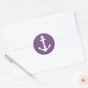 Chic Purple and White Anchor Nautical  Classic Round Sticker