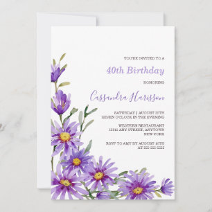 Chic Purple Aster Floral Birthday Invitation