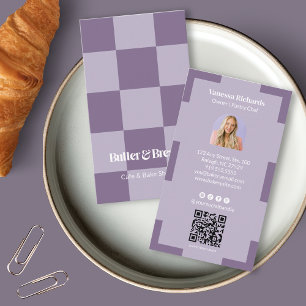 Chic Purple Bakery Logo Checker QR Photo Vertical Business Card