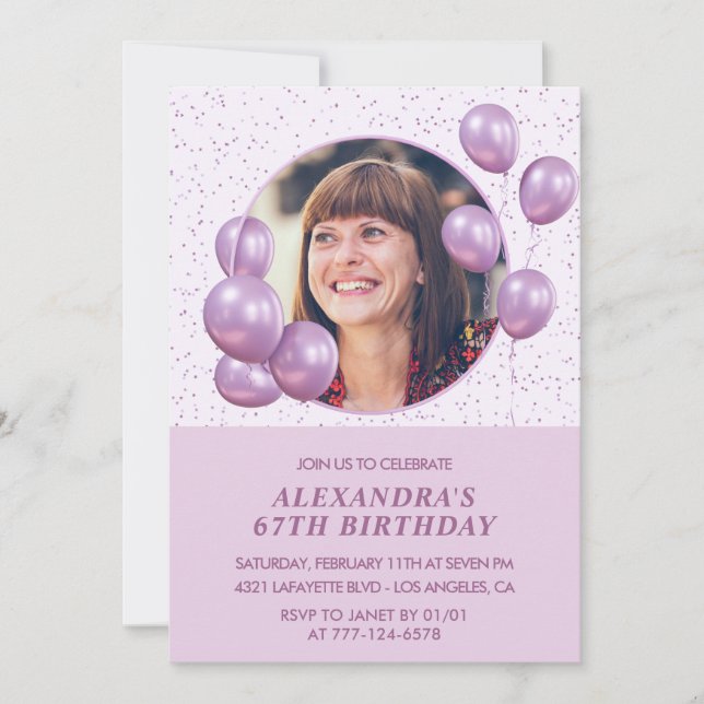 Chic Purple Balloons Photo 67th birthday Invitation (Front)