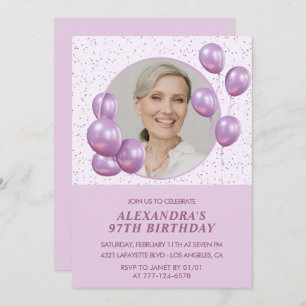 Chic Purple Balloons Photo 97th birthday Invitation