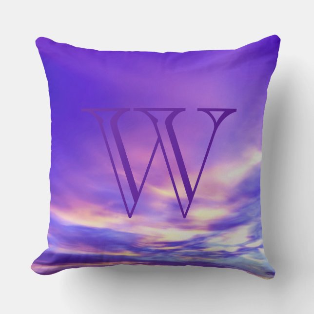 Chic Purple Blue Pink Clouds Monogram Throw Pillow (Front)