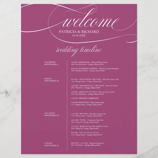 Chic Purple Cassis 4 Days Wedding Itinerary (Front)
