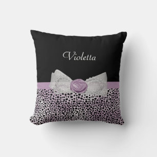 Chic Purple Cheetah Print Cute Rose Bow and Name Throw Pillow
