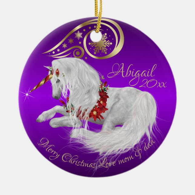 Chic Purple Christmas Unicorn Gold Accent Joy  Ceramic Ornament (Front)