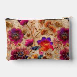 Chic purple cream floral pattern accessory pouch