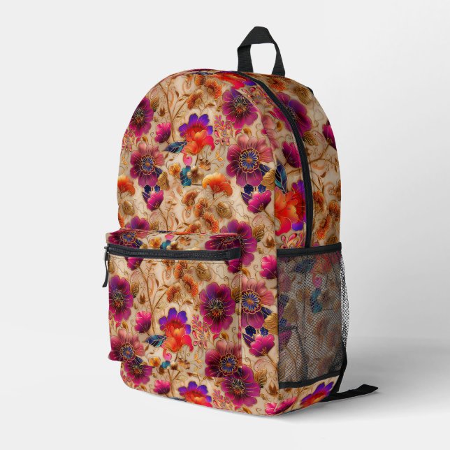 Chic purple cream floral pattern  printed backpack (Back Corner Right)