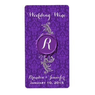 Chic Purple Damask Wedding Mini Wine Labels