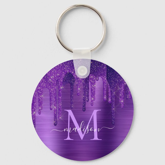 Chic Purple Dripping Glitter Brush Metal Monogram Keychain (Front)