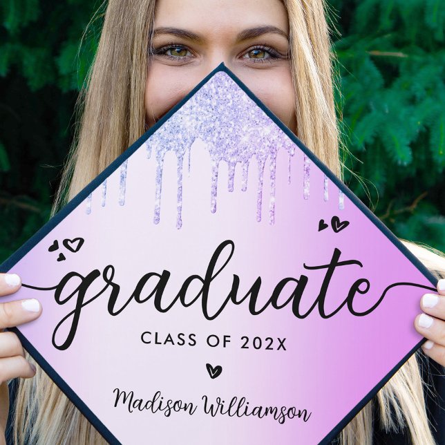 Chic Purple Dripping Glitter Modern Script Hearts Graduation Cap Topper (Creator Uploaded)