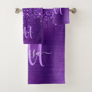 Chic Purple Dripping Glitter Monogram Name Bath To Bath Towel Set