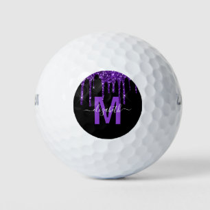 Chic Purple Dripping Glitter Monogram Name Golf Balls