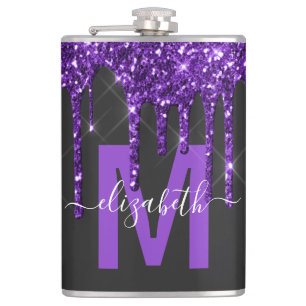 Chic Purple Dripping Glitter Monogram Name Hip Flask