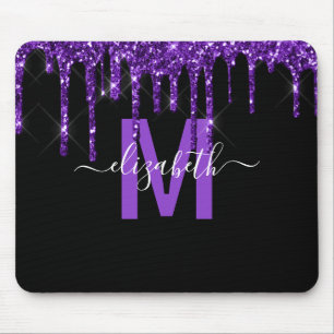 Chic Purple Dripping Glitter Monogram Name Mouse Pad