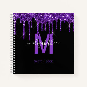 Chic Purple Dripping Glitter Monogram Name Notebook