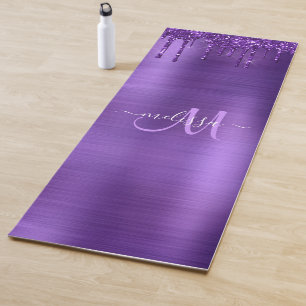 Chic Purple Dripping Glitter Monogram Name Yoga Mat