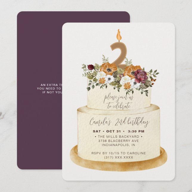 Chic Purple Fall Autumn 2nd Birthday Cake Invitation (Front/Back)