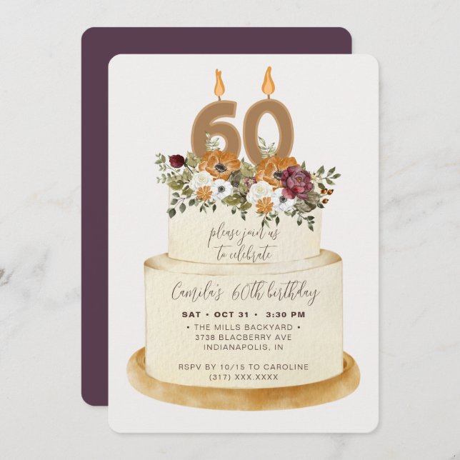 Chic Purple Fall Autumn 60th Birthday Cake Invitation (Front/Back)