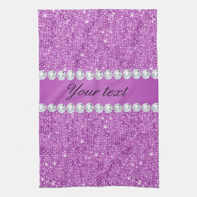 Chic Purple Faux Sequins and Diamonds Kitchen Towel (Vertical)