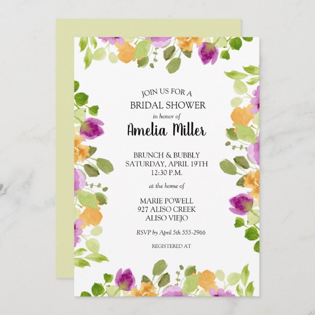 Chic Purple Floral Bridal Shower Invitations (Front/Back)