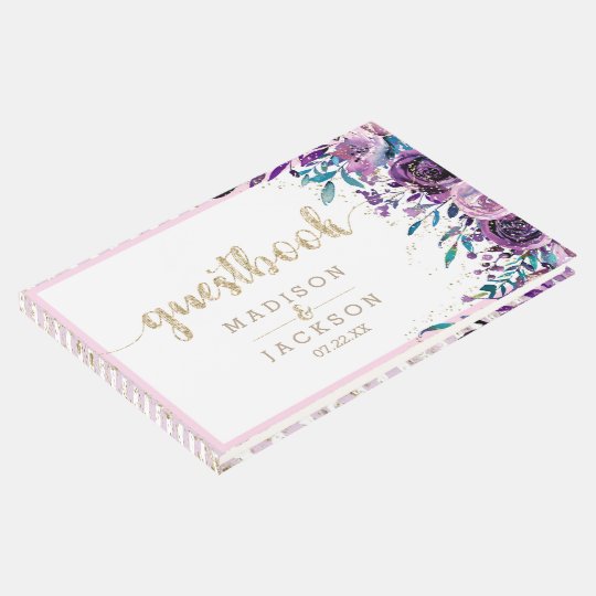 Chic Purple Floral Champagne Gold Wedding Monogram Guest Book