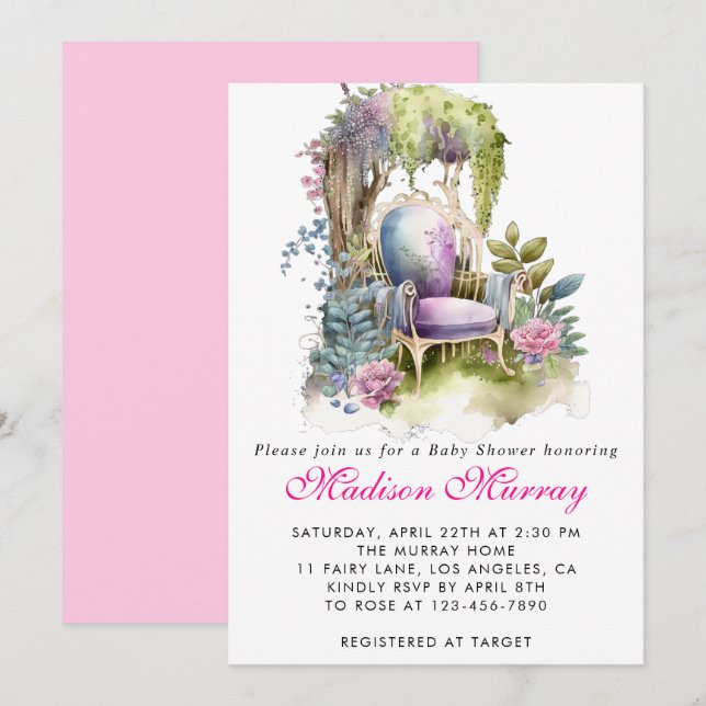 Chic Purple Floral Flower Garden Chair Baby Shower Invitation (Front/Back)