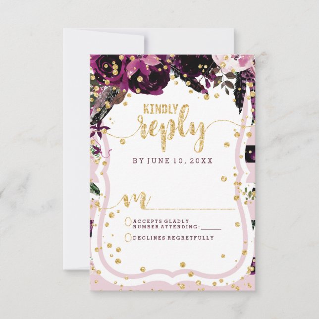 Chic Purple Floral & Gold Wedding Reply RSVP Card (Front)
