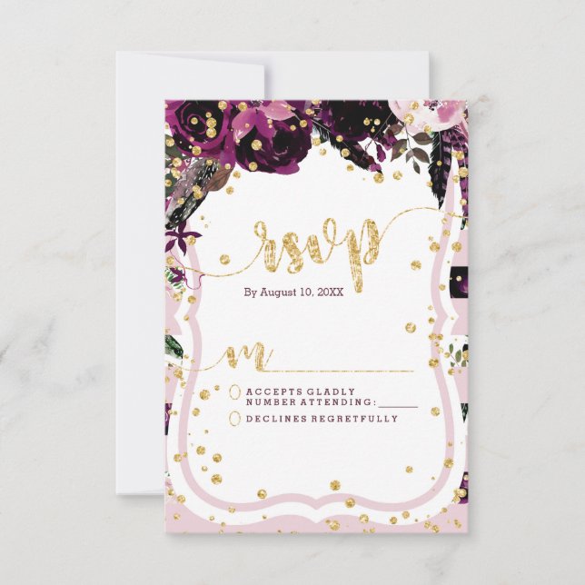 Chic Purple Floral & Gold Wedding Réponse RSVP (Devant)