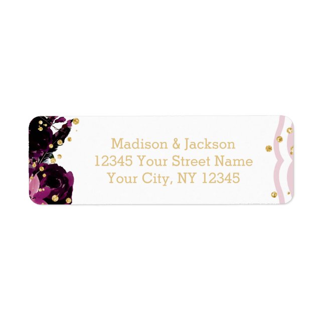 Chic Purple Floral & Gold Wedding Return Address (Front)