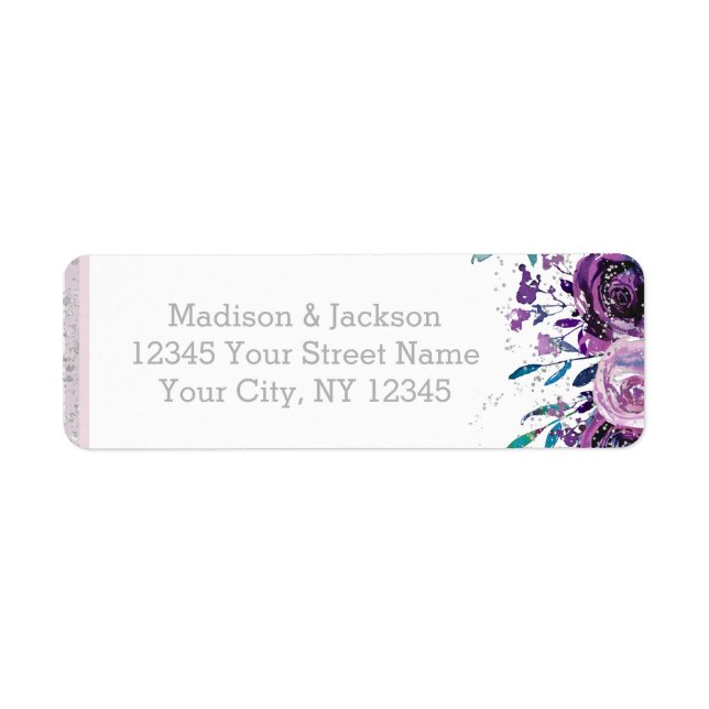 Chic Purple Floral & Mariage Argent Adresse de ret (Devant)