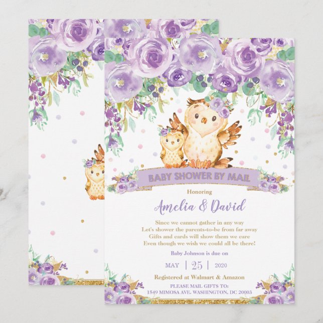 Chic Purple Floral Owl Virtual Baby Shower by Mail Invitation (Front/Back)