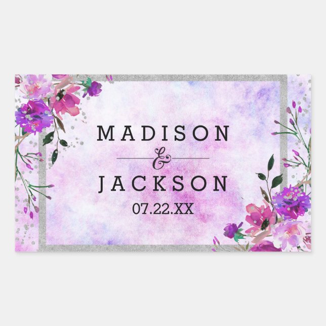Chic Purple Floral & Silver Frame Wedding Monogram Sticker (Front)