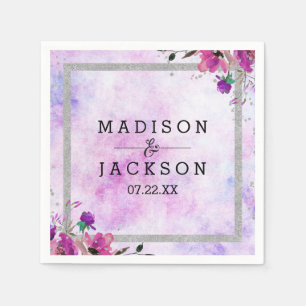 Chic Purple Floral & Silver Wedding Monogram Napkin