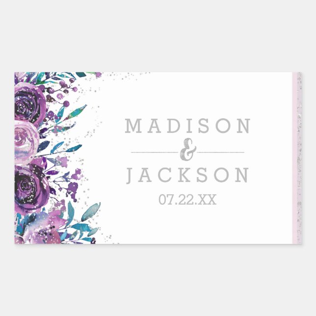 Chic Purple Floral & Silver Wedding Monogram Sticker (Front)