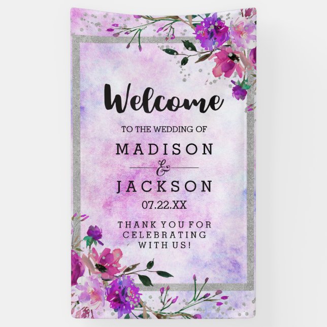 Chic Purple Floral & Silver Wedding Welcome Banner (Vertical)