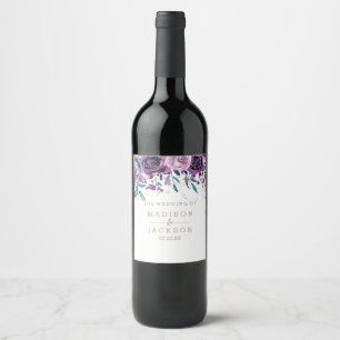 Chic Purple Floral Sparkling Wine Gold Wedding Mon Wine Label