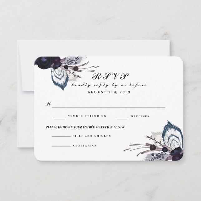 Chic Purple Floral Winter Wedding RSVP Reply Card (Front)