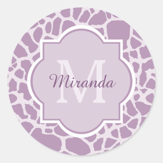 Chic Purple Giraffe Print With Monogram and Name Classic Round Sticker
