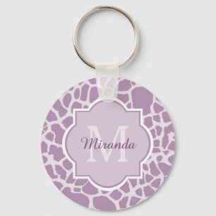Chic Purple Giraffe Print With Monogram and Name Keychain
