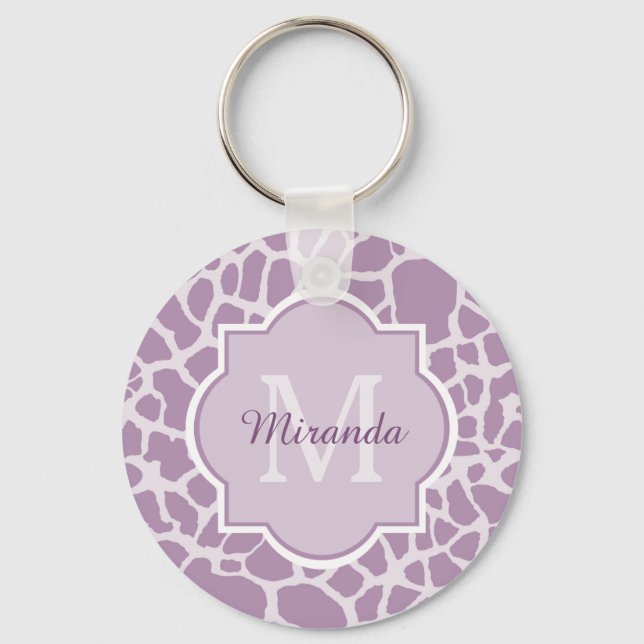 Chic Purple Giraffe Print With Monogram and Name Keychain (Front)