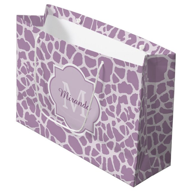 Chic Purple Giraffe Print With Monogram and Name Large Gift Bag (Front Angled)